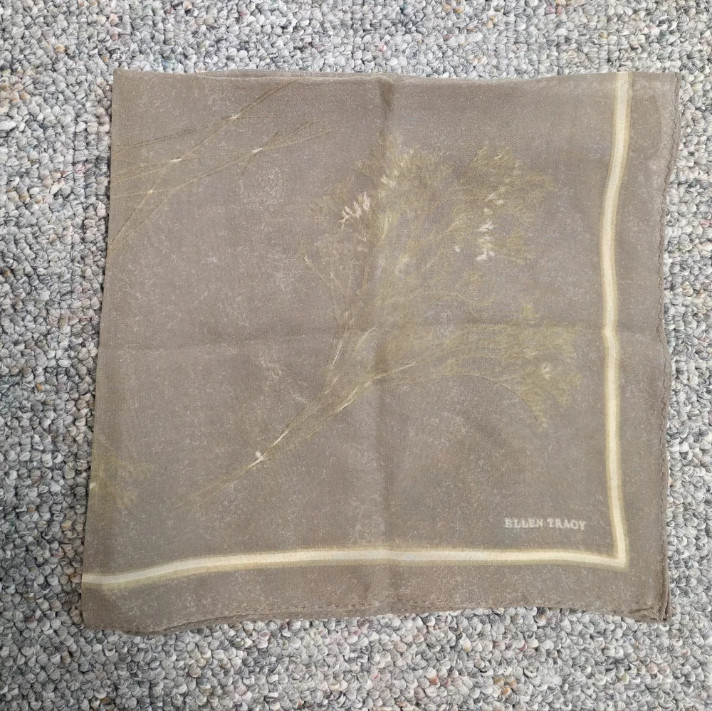 Ellen Tracy Taupe Floral Sprig Square Silk Neck Scarf